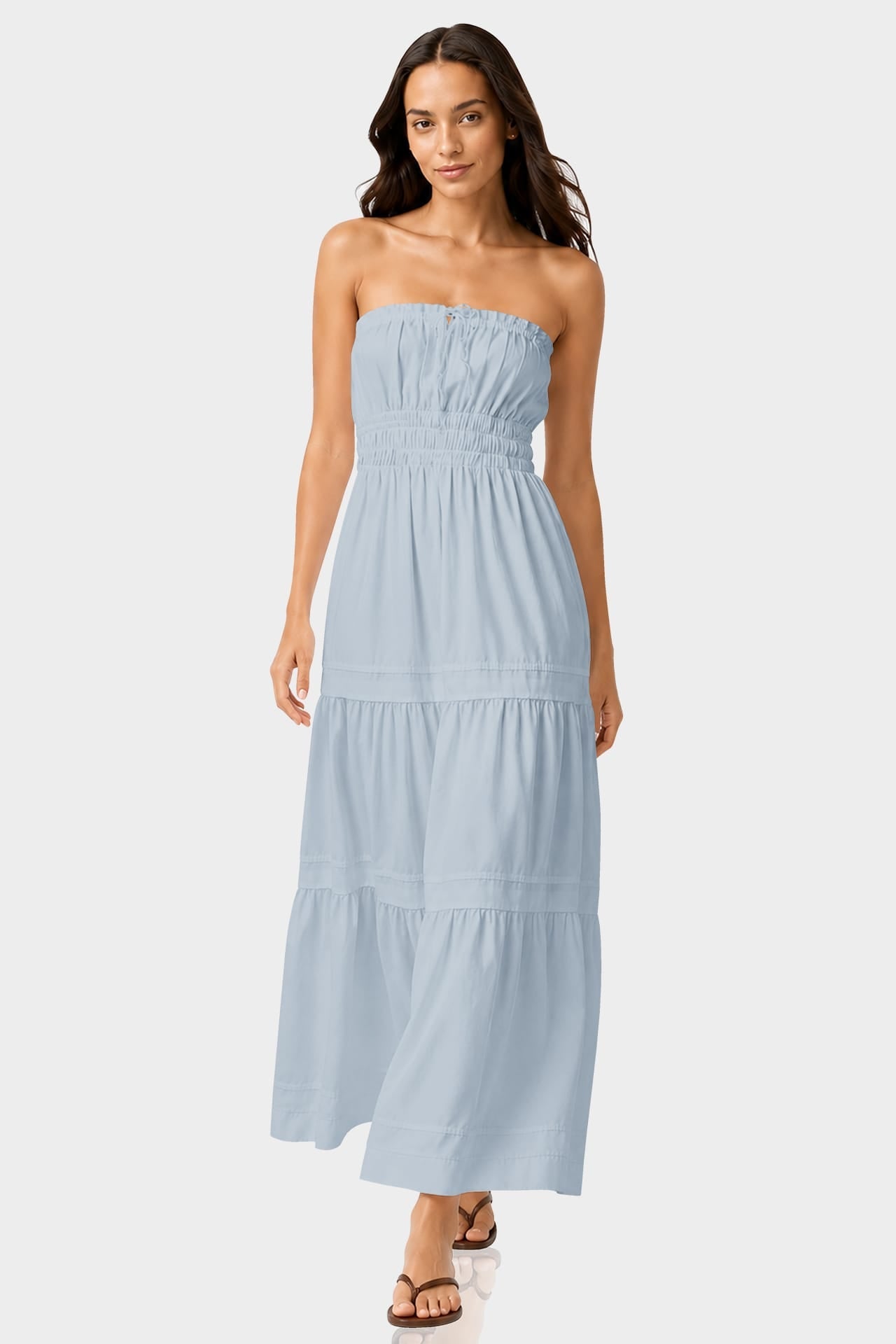 Dusty Blue Strapless Flowy Cotton Maxi Dress for Destination Weddings