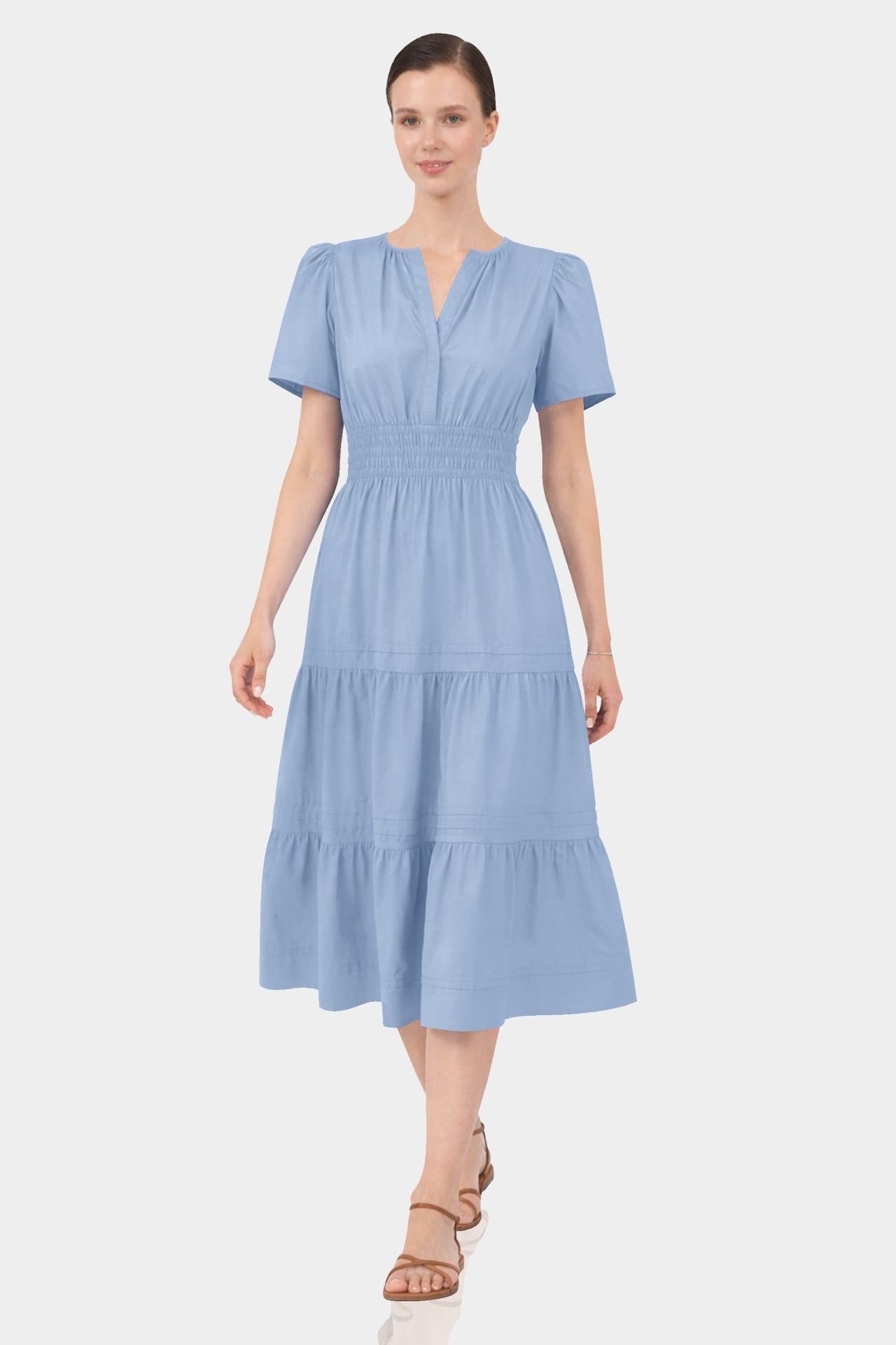 Steel Blue Tiered Midi Dress with Elastic Waist – Resort Wear Midi Dress