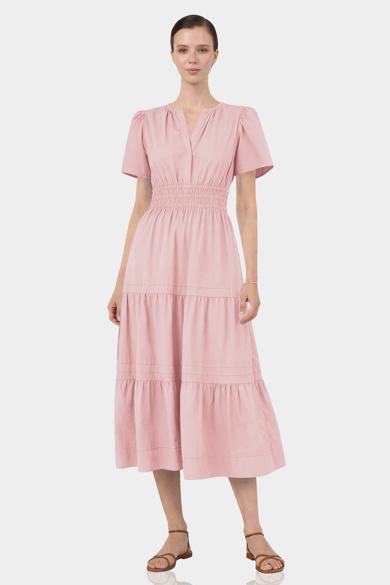 Blush Pink Smocked Waist Midi Day Dress for Women