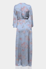 Powder Blue Floral Satin Wrap Dress for Garden Weddings & Spring Celebrations