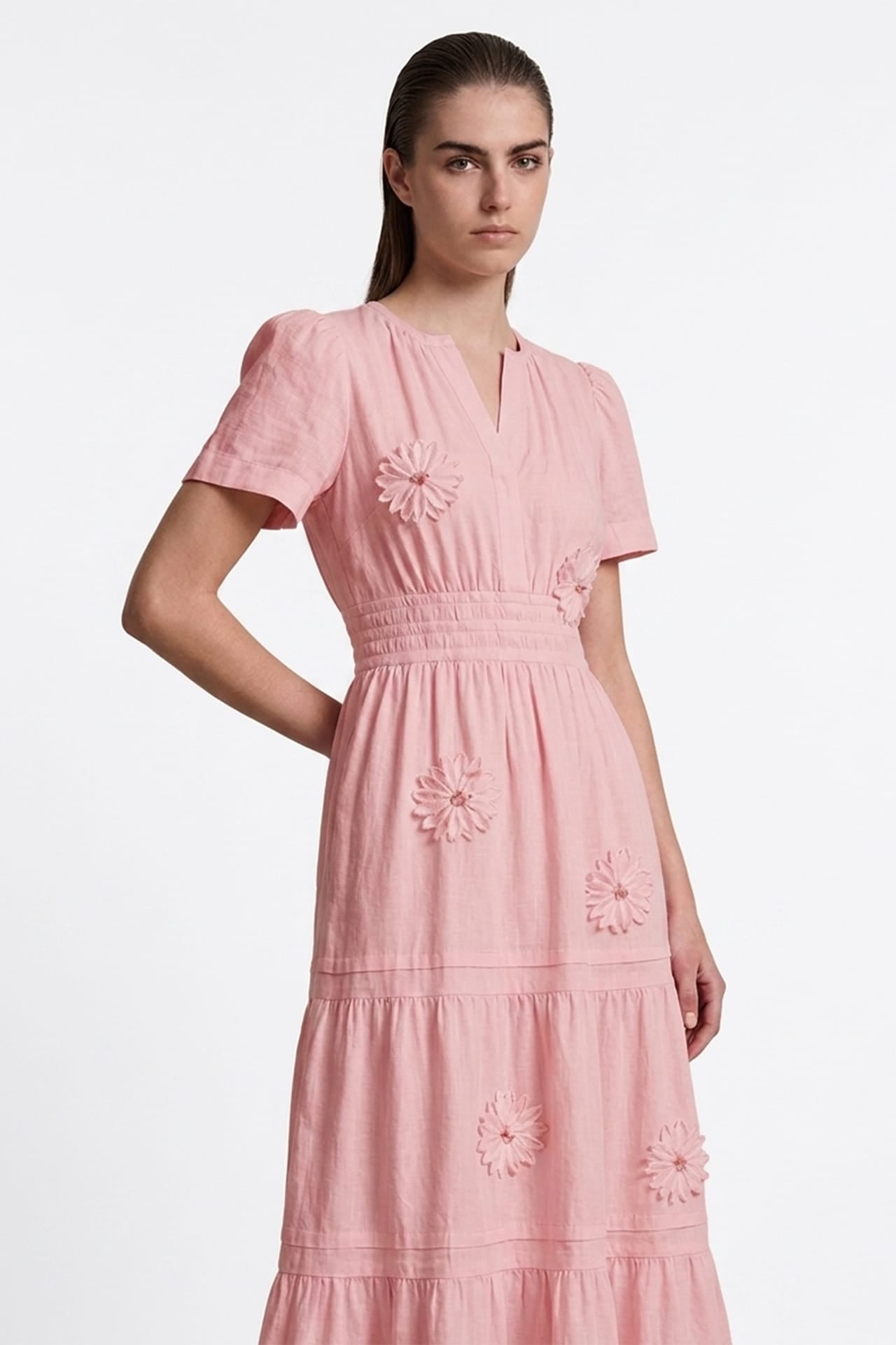 Blush Pink 3D Floral Cotton Maxi Dress for Women – Luxury Wedding Guest Dress