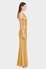 Butterscotch Gathered Stretch Satin Maxi Dress – Destination Wedding Dress