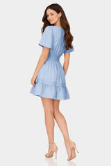 Powder Blue Flutter Sleeve Tiered Mini Dress for Women – Engagement Party Dress
