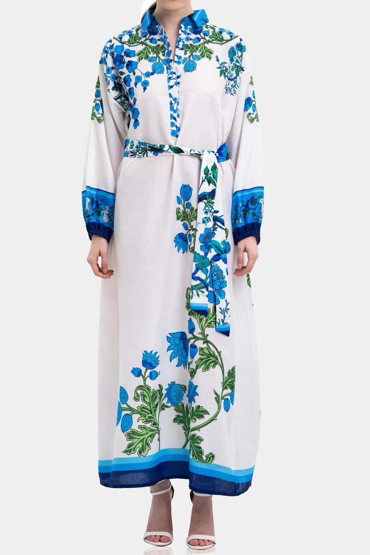 White & Blue Floral Cotton Maxi Shirt Dress with Full Sleeves