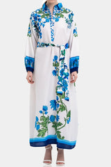 White & Blue Floral Cotton Maxi Shirt Dress with Full Sleeves