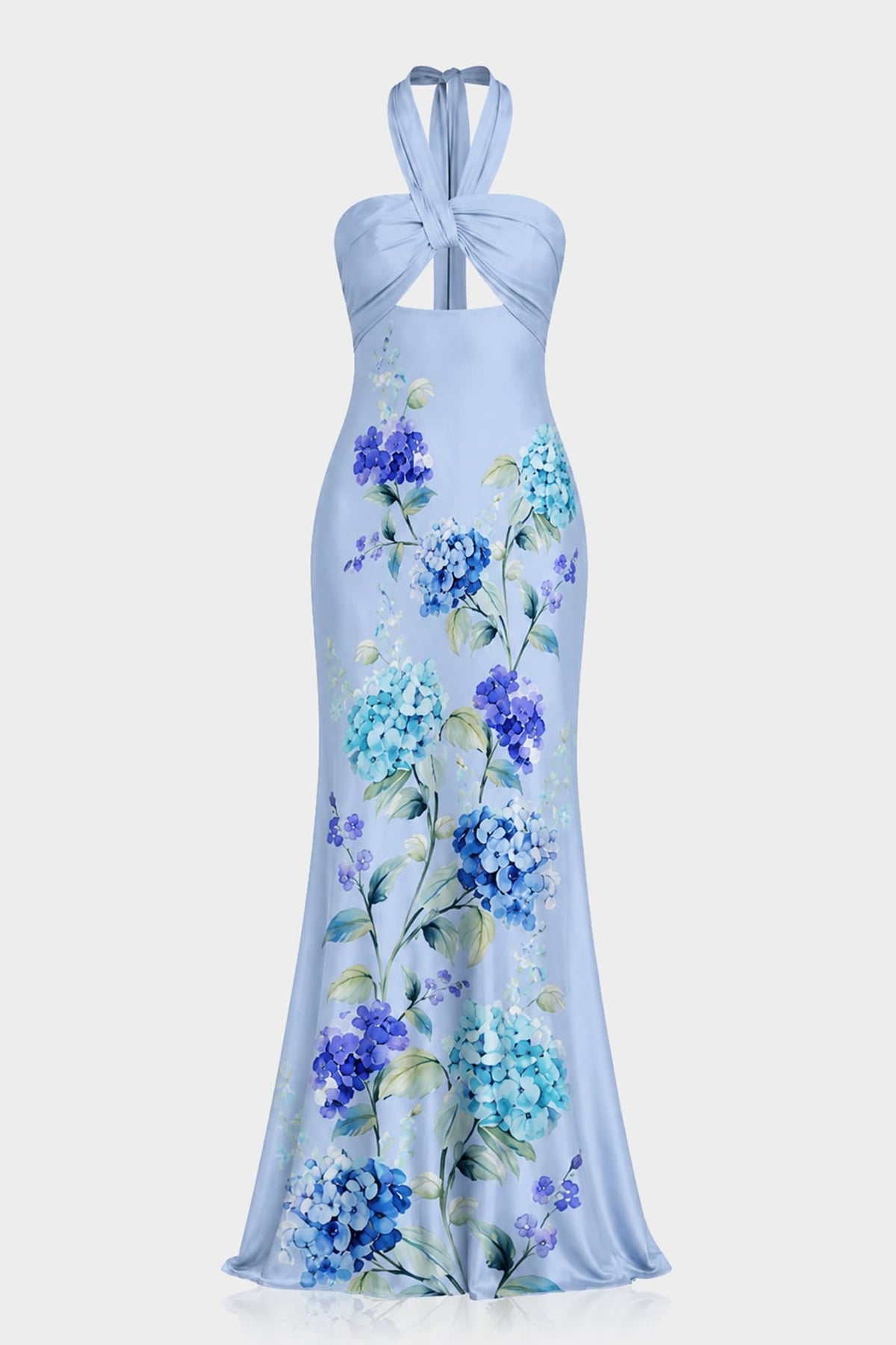 Hydrangea Print Ruched Halter Maxi Dress