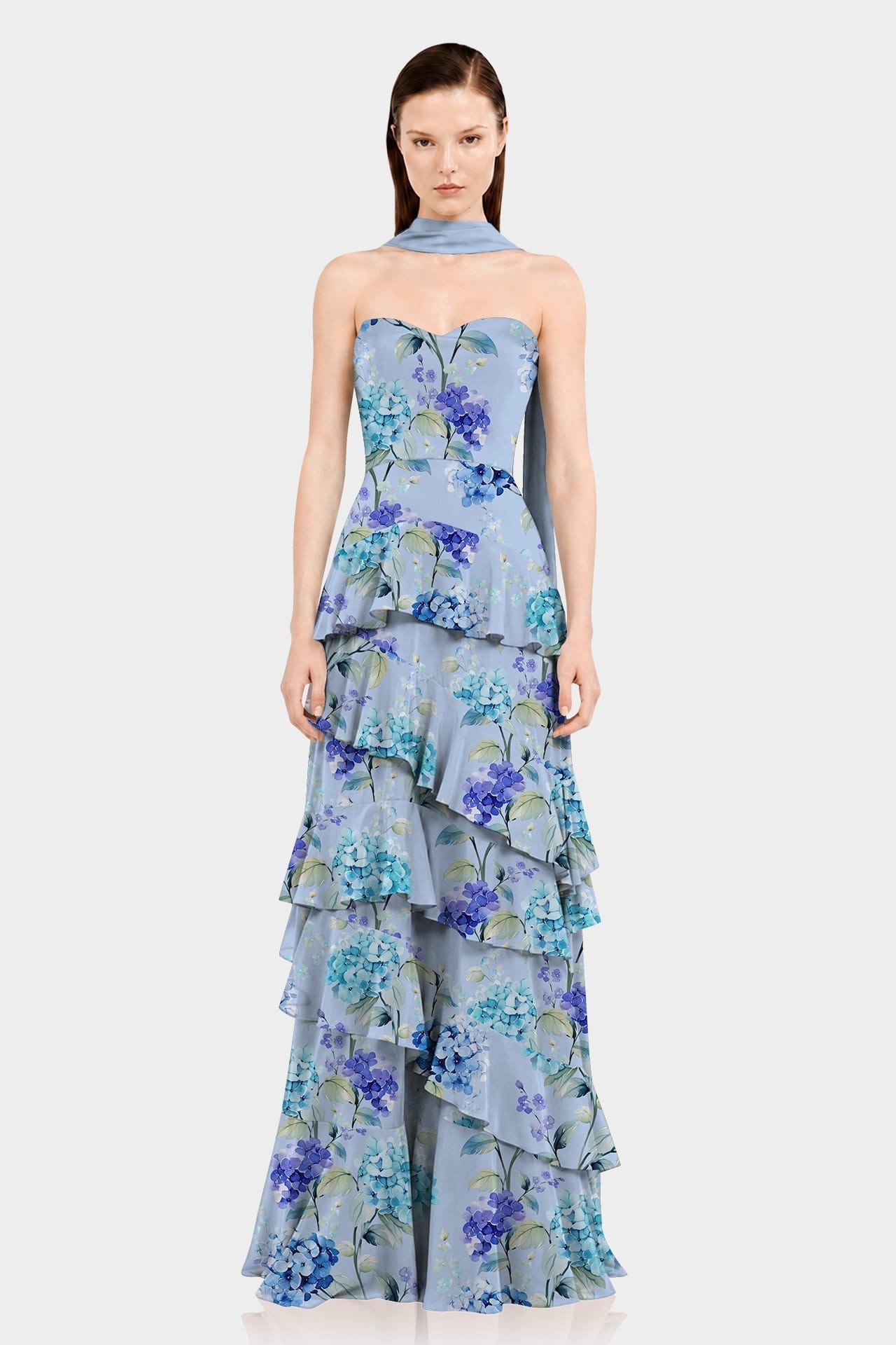 Hydrangea Print Strapless Tiered Ruffle Dress