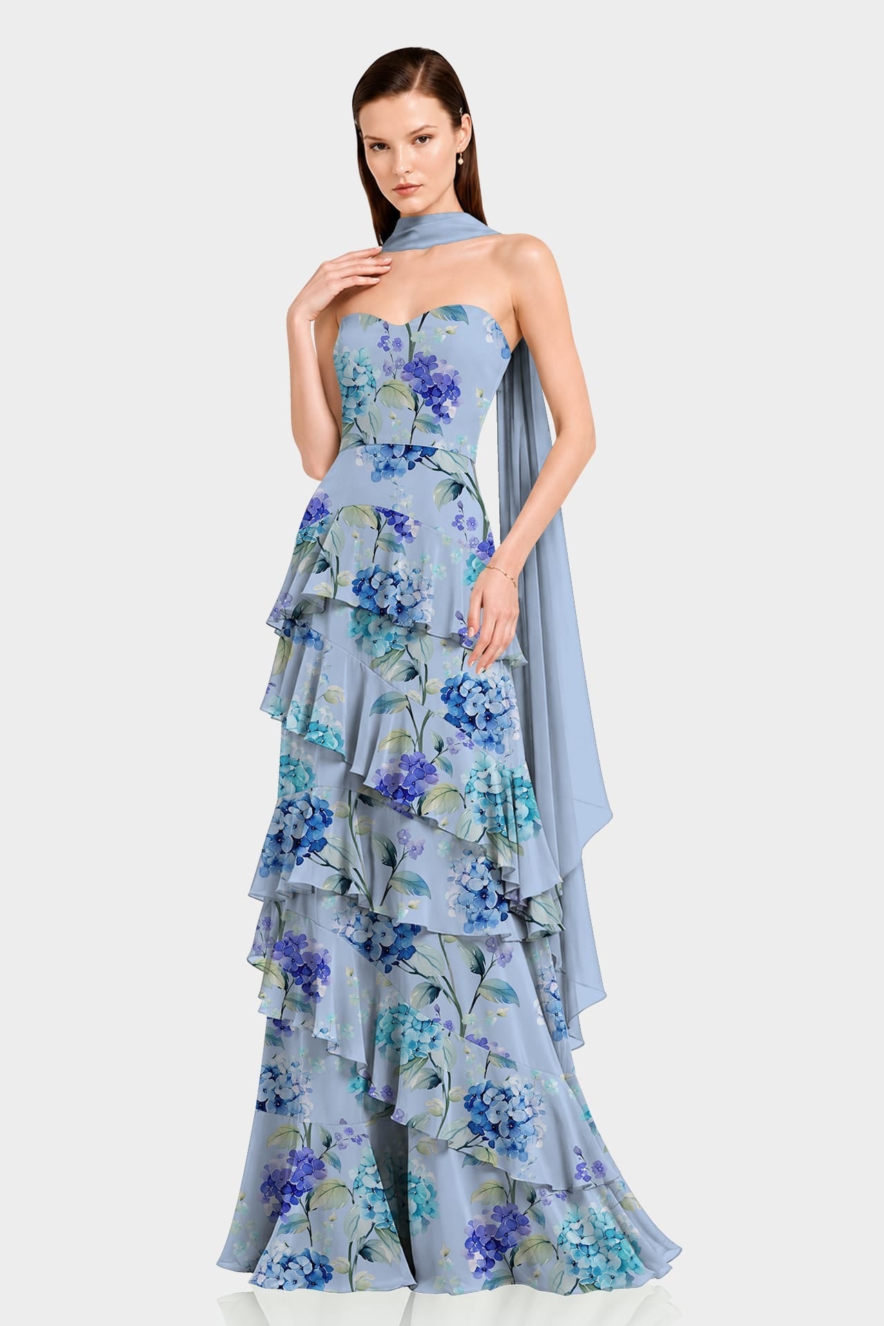 Hydrangea Print Strapless Tiered Ruffle Dress