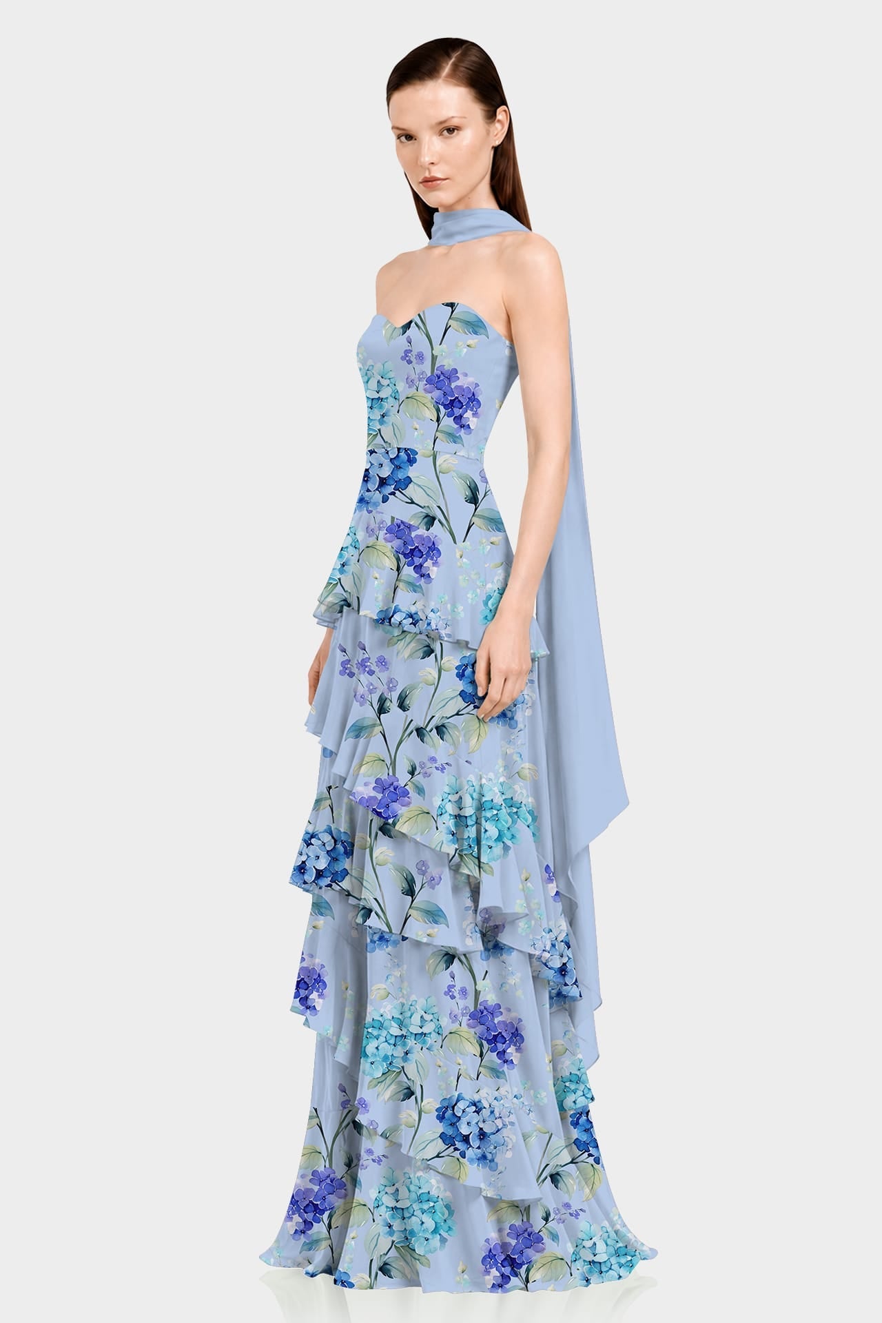 Hydrangea Print Strapless Tiered Ruffle Dress