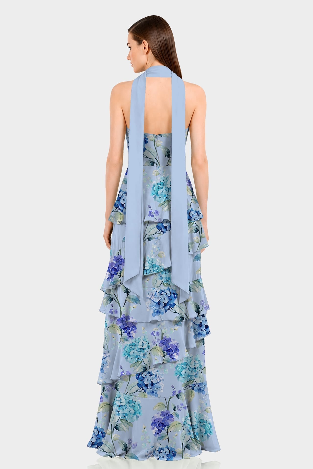 Hydrangea Print Strapless Tiered Ruffle Dress