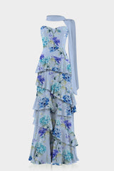 Hydrangea Print Strapless Tiered Ruffle Dress