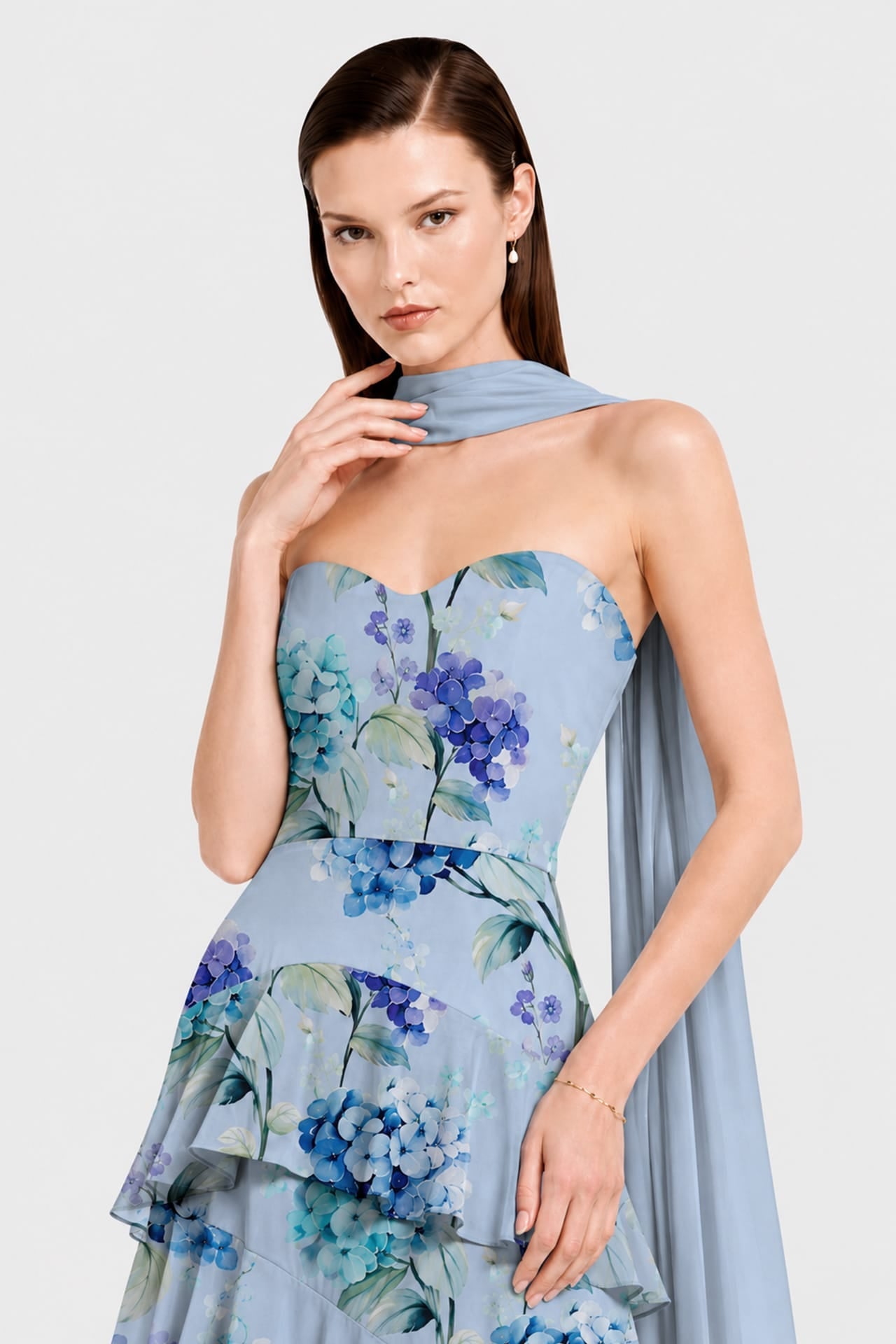 Hydrangea Print Strapless Tiered Ruffle Dress