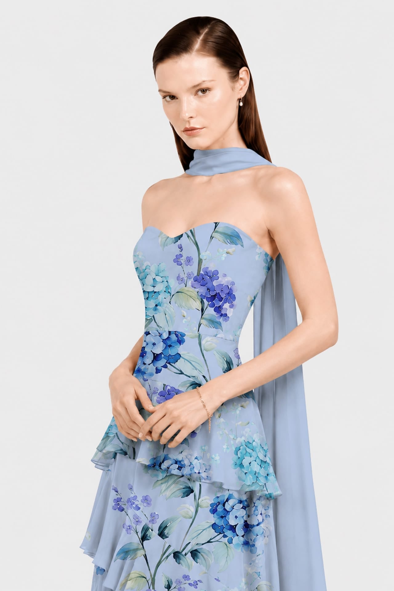 Hydrangea Print Strapless Tiered Ruffle Dress