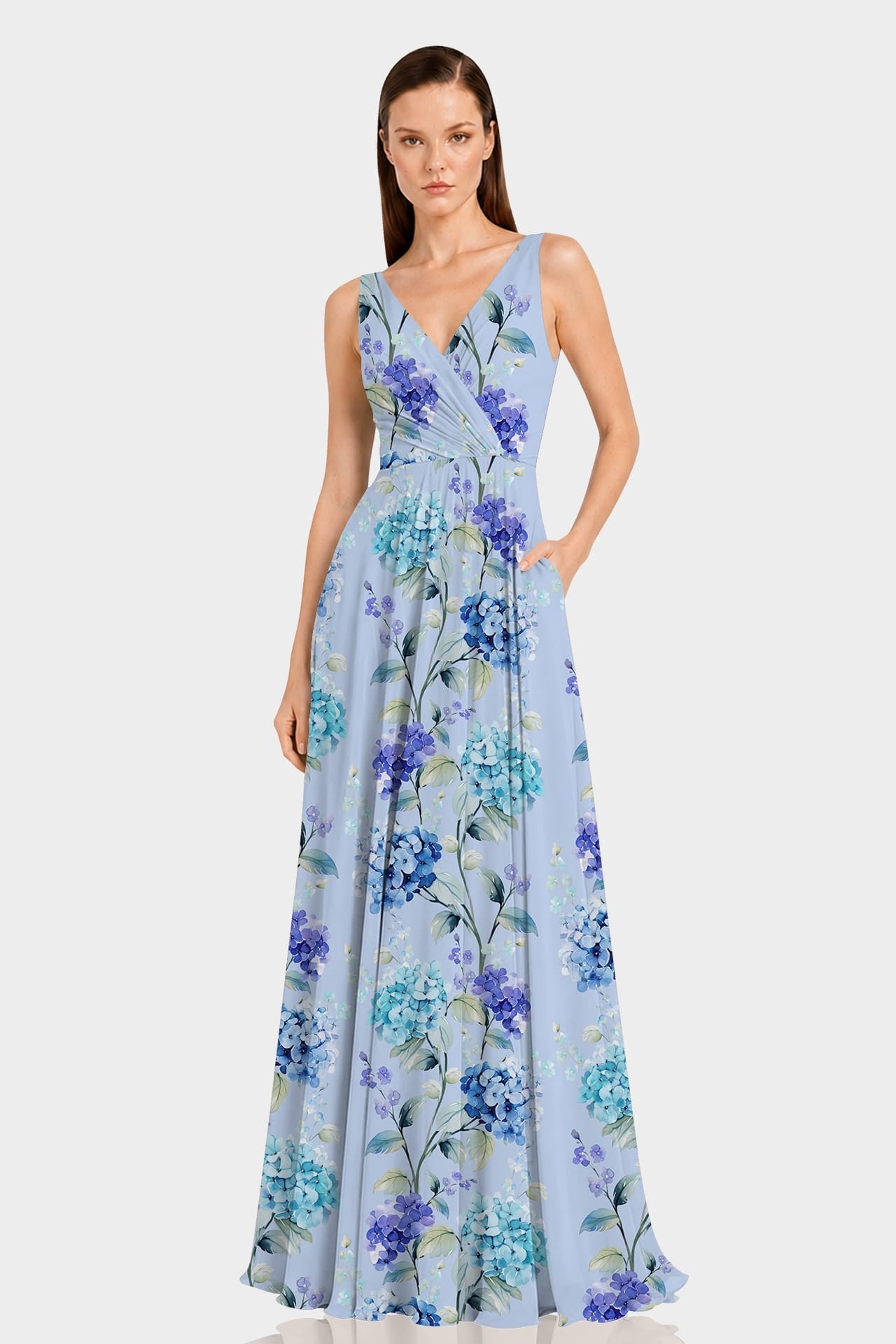 Hydrangea Floral Plunge V Neck Maxi Dress