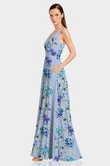 Hydrangea Floral Plunge V Neck Maxi Dress
