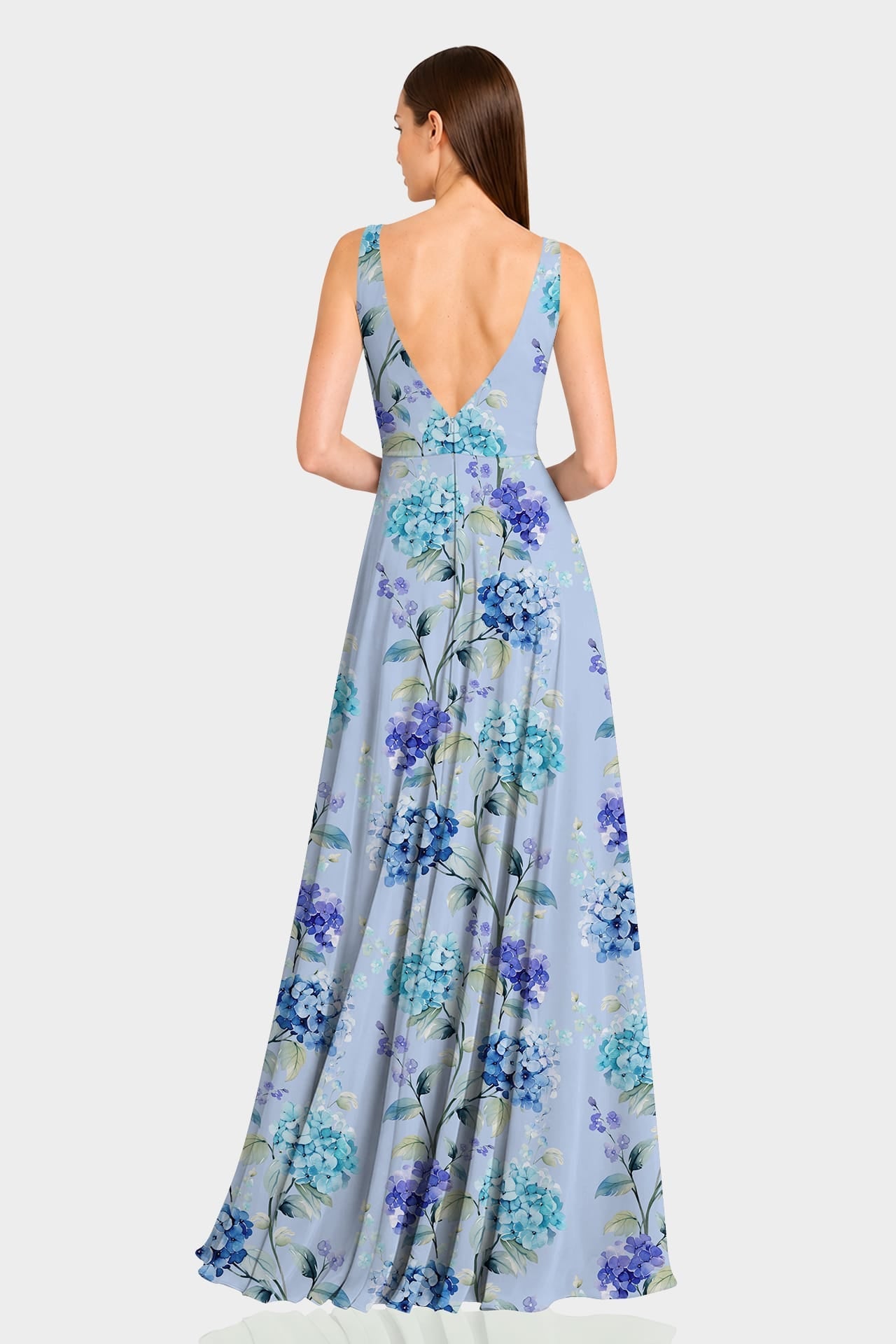 Hydrangea Floral Plunge V Neck Maxi Dress