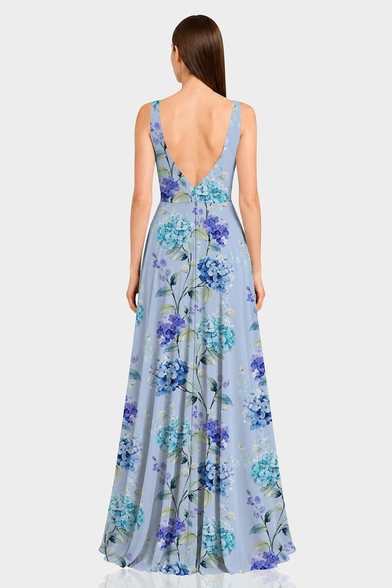 Hydrangea Floral Plunge V Neck Maxi Dress