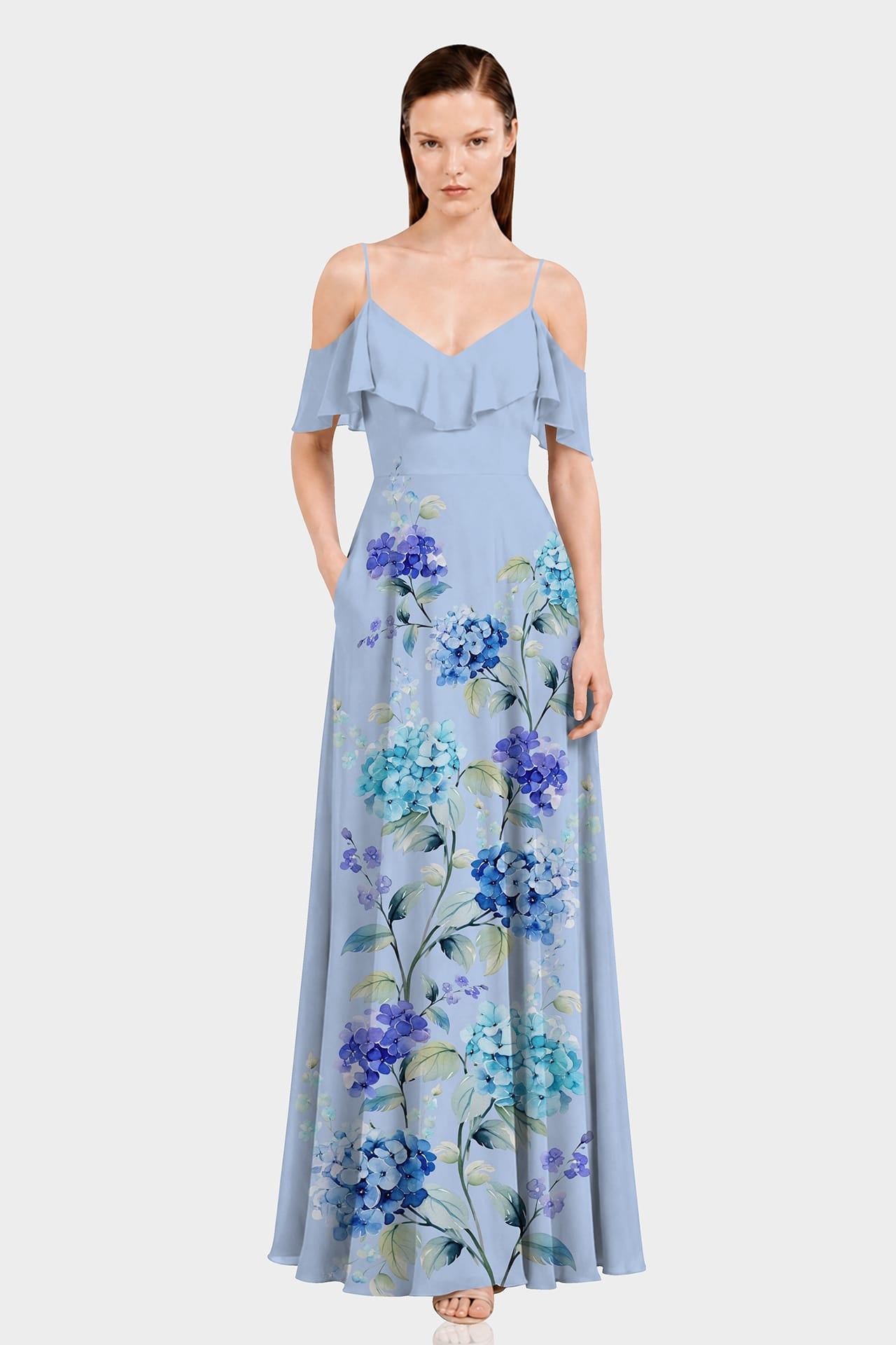 Hydrangea Floral Cold Shoulder Ruffle Dress