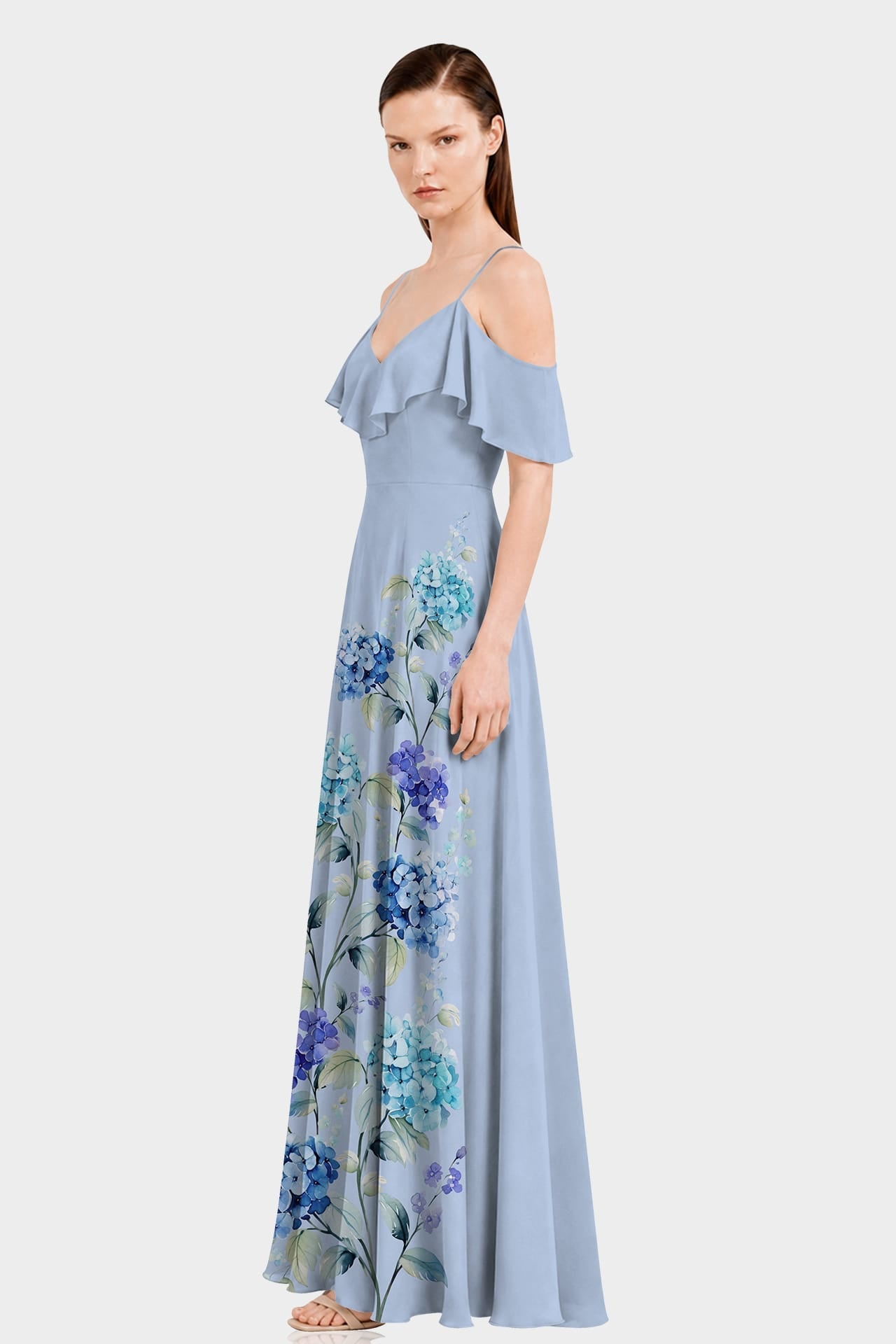 Hydrangea Floral Cold Shoulder Ruffle Dress