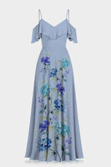 Hydrangea Floral Cold Shoulder Ruffle Dress