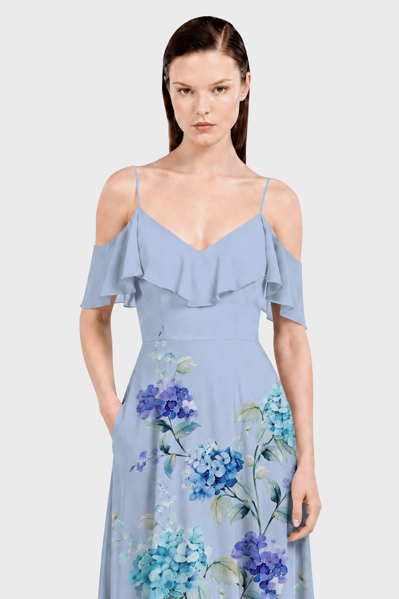 Hydrangea Floral Cold Shoulder Ruffle Dress