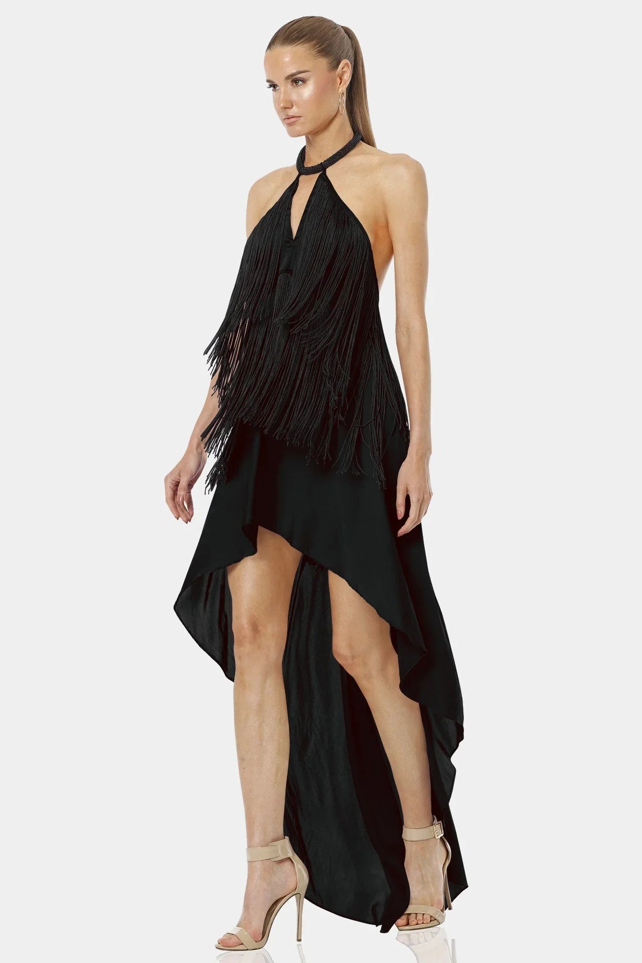 Carmina High Low Fringe Black Halter Maxi Dress