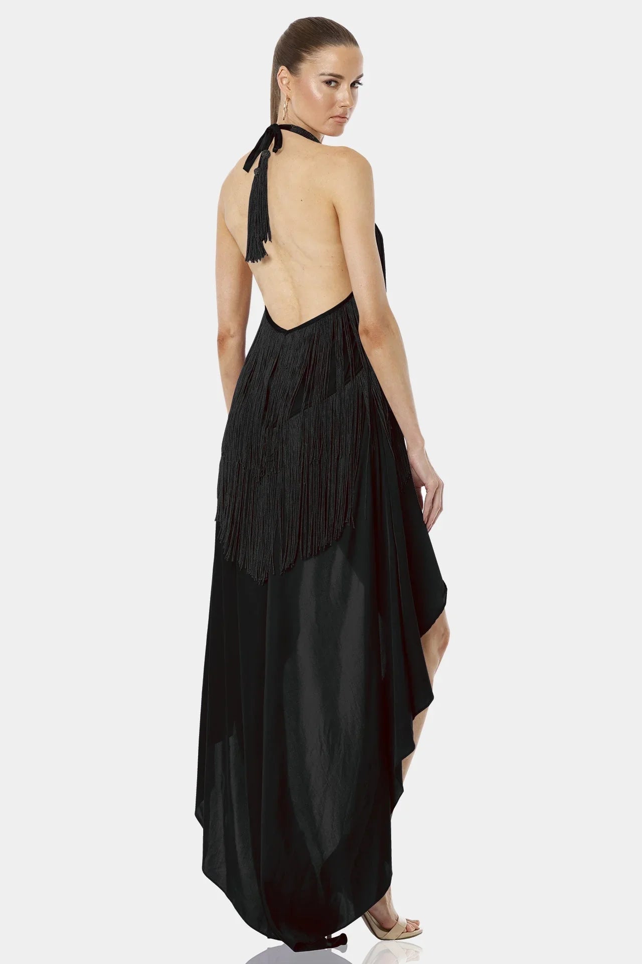 Carmina High Low Fringe Black Halter Maxi Dress