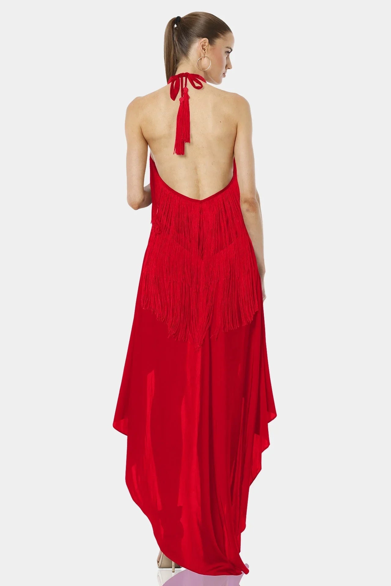 Carmina Fiery Red Backless Dress With Halter Neckline