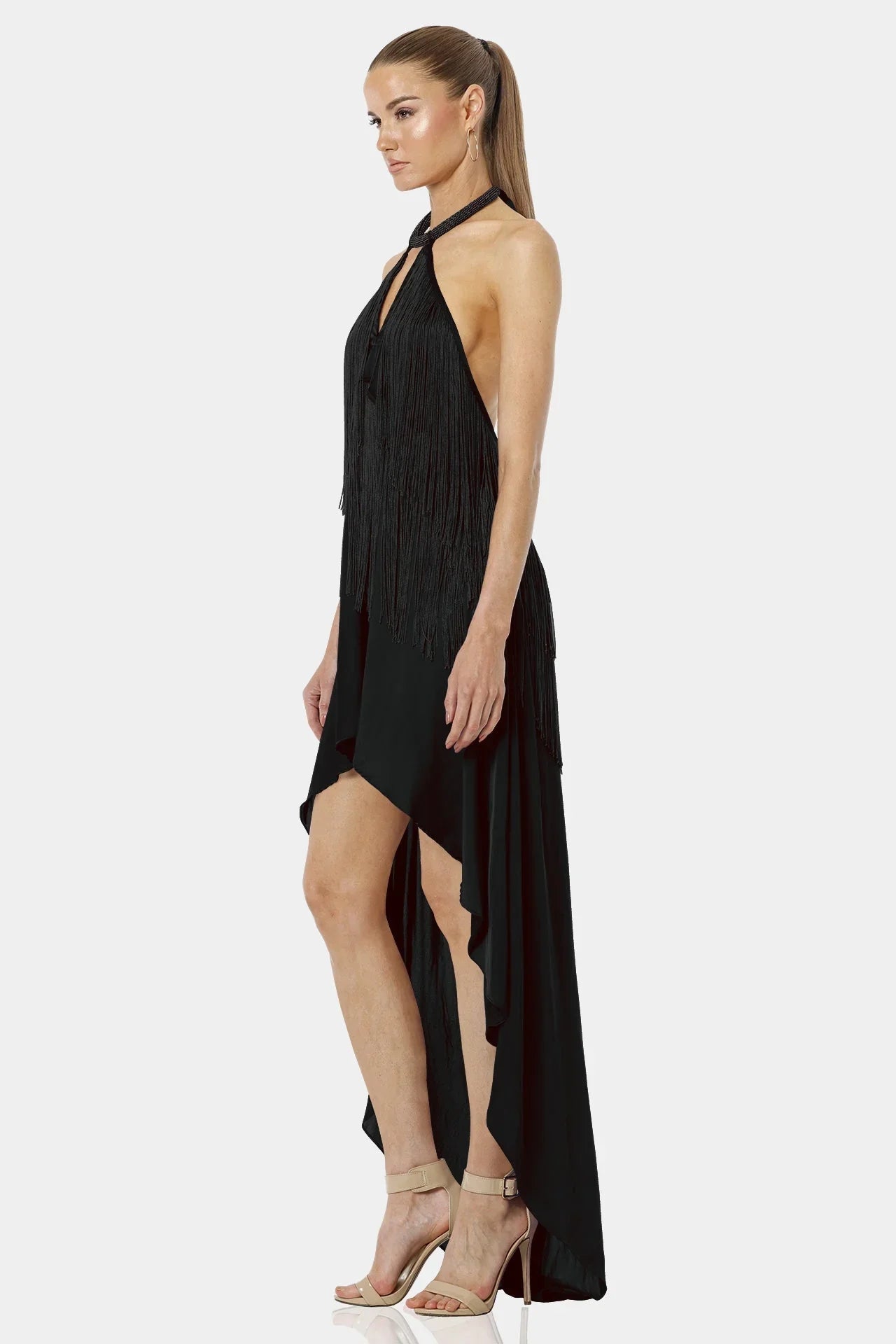 Carmina High Low Fringe Black Halter Maxi Dress
