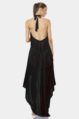 Carmina High Low Fringe Black Halter Maxi Dress