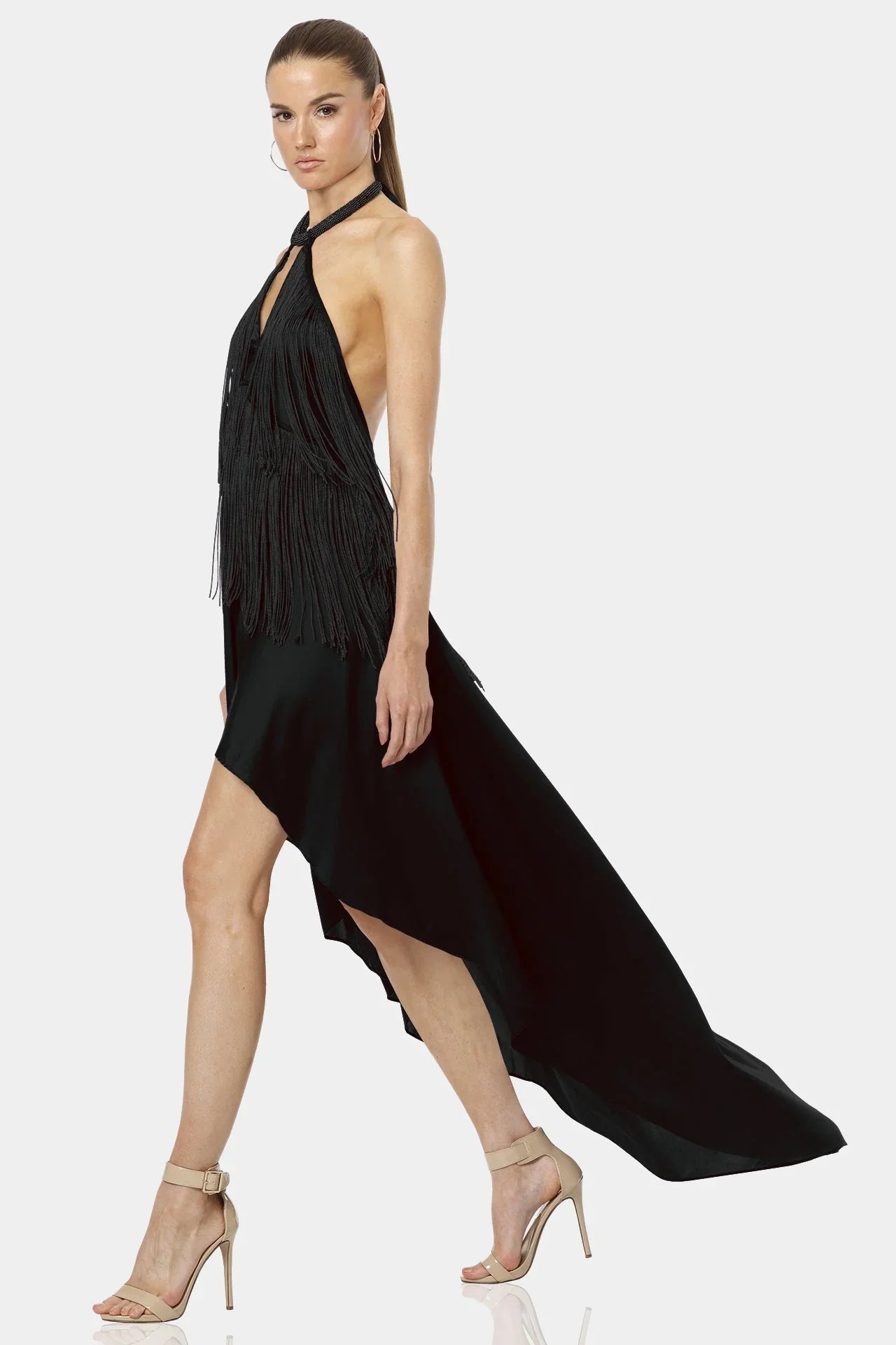Carmina High Low Fringe Black Halter Maxi Dress