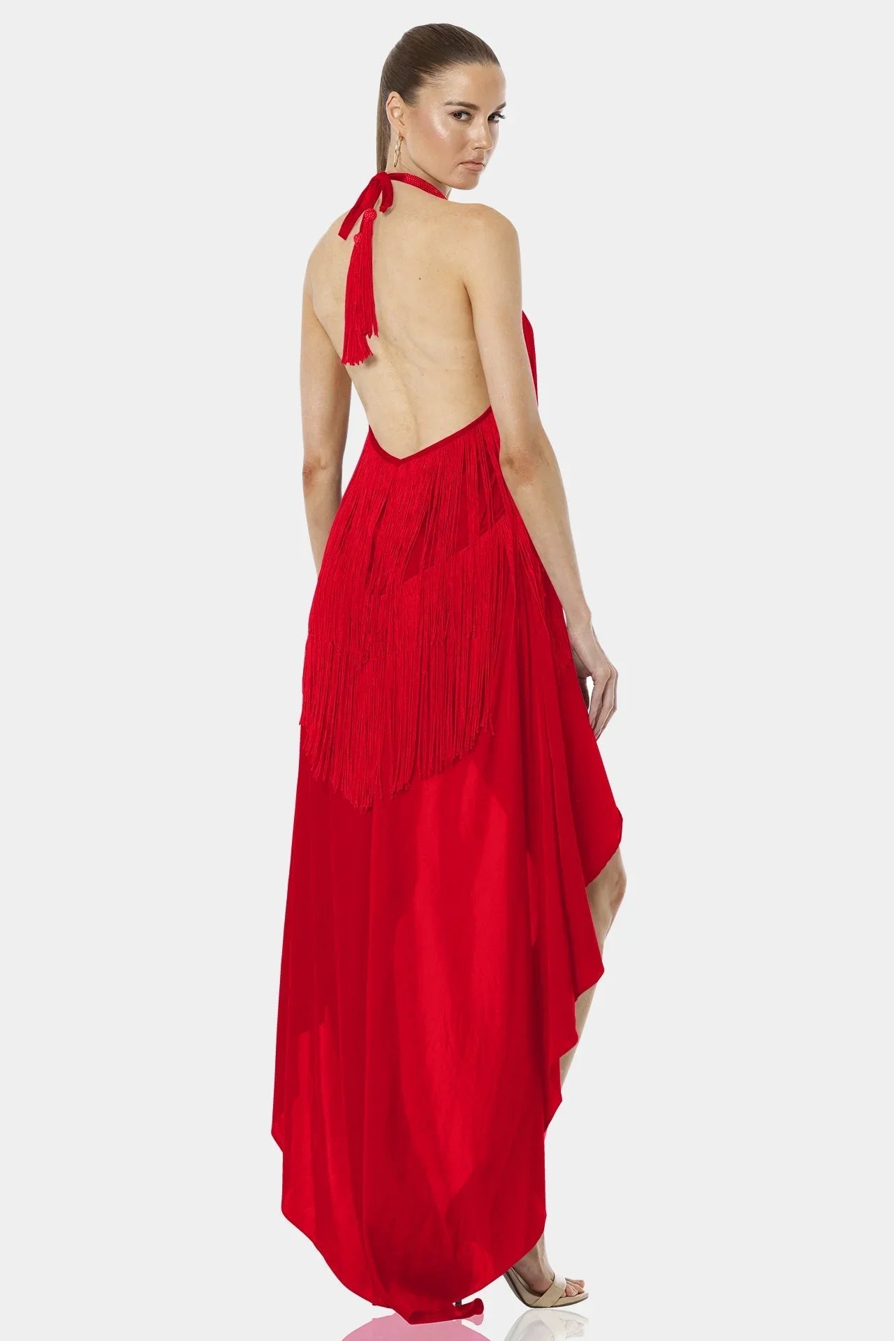 Carmina Fiery Red Backless Dress With Halter Neckline