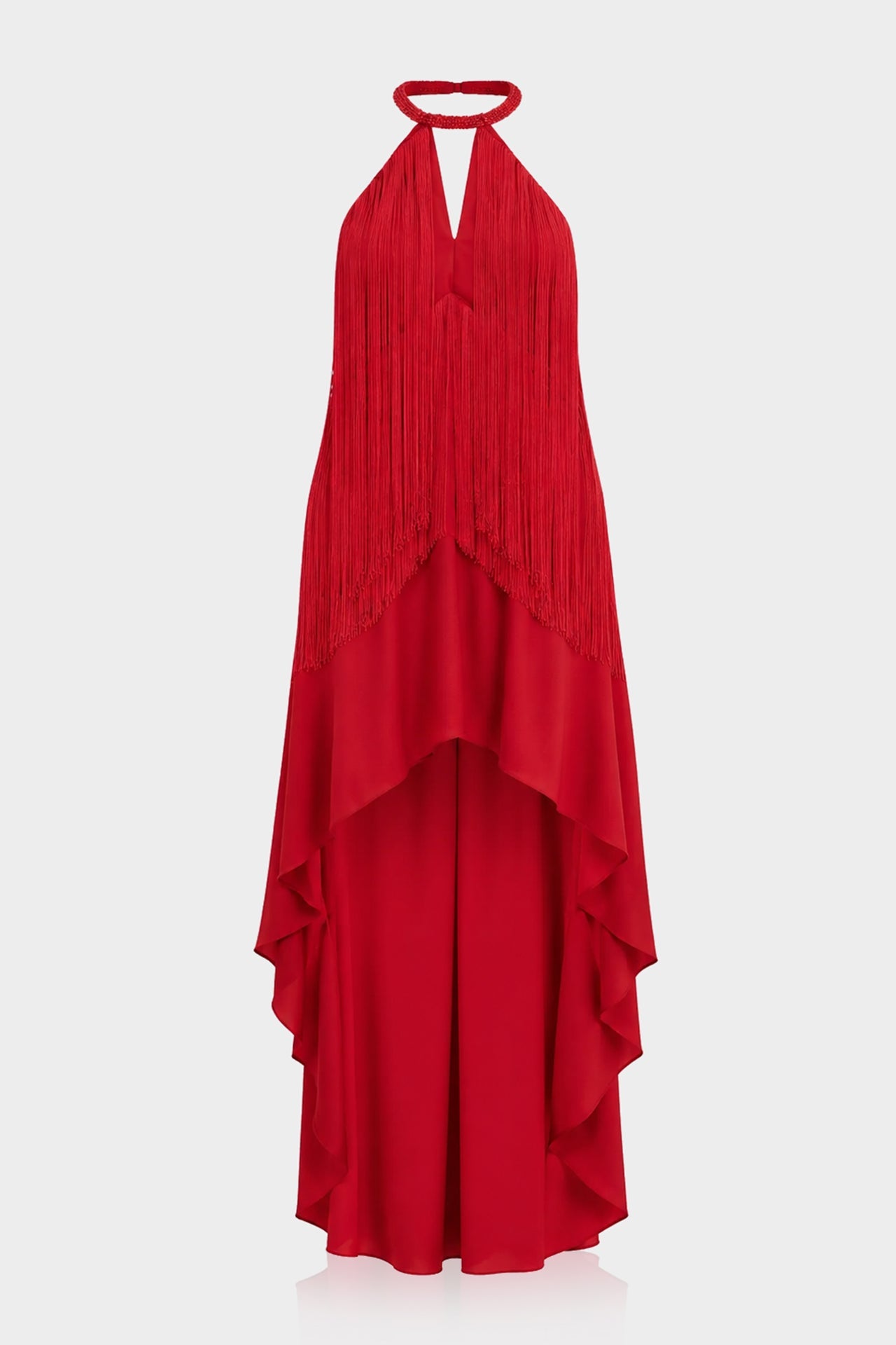 Carmina Fiery Red Backless Dress With Halter Neckline