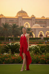 Carmina Fiery Red Backless Dress With Halter Neckline