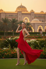 Carmina Fiery Red Backless Dress With Halter Neckline