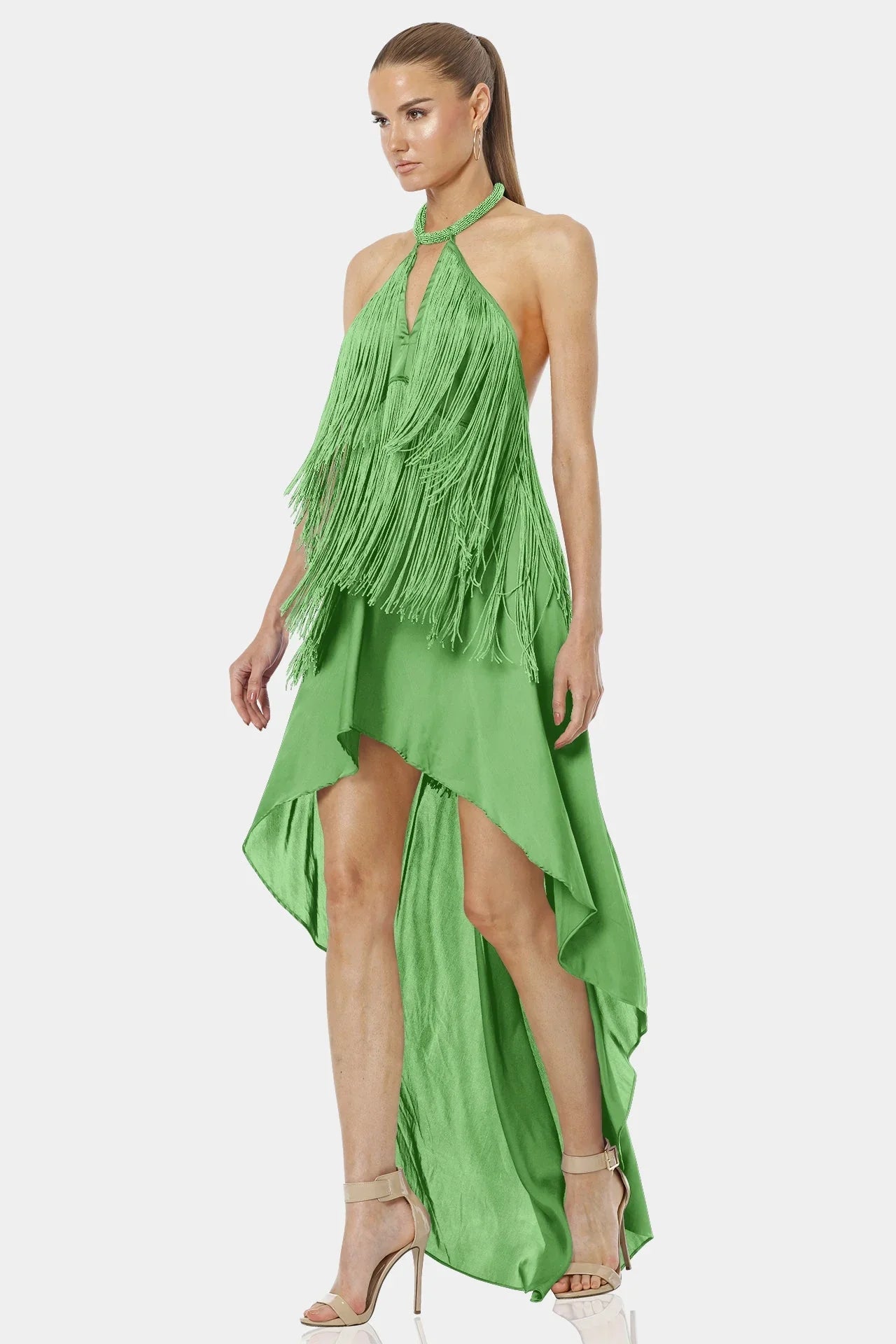 Carmina Mint Green Aesthetic Dress With Long Fringe