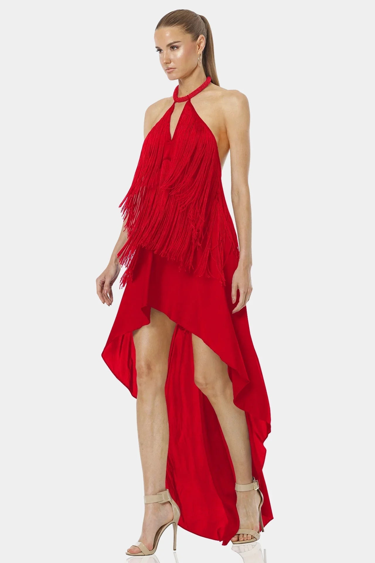 Carmina Fiery Red Backless Dress With Halter Neckline