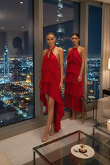 Carmina Fiery Red Backless Dress With Halter Neckline