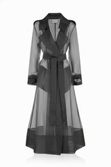 Charcoal Grey Sheer Silk Organza Trench Coat – Lightweight Transparent Summer Outerwear