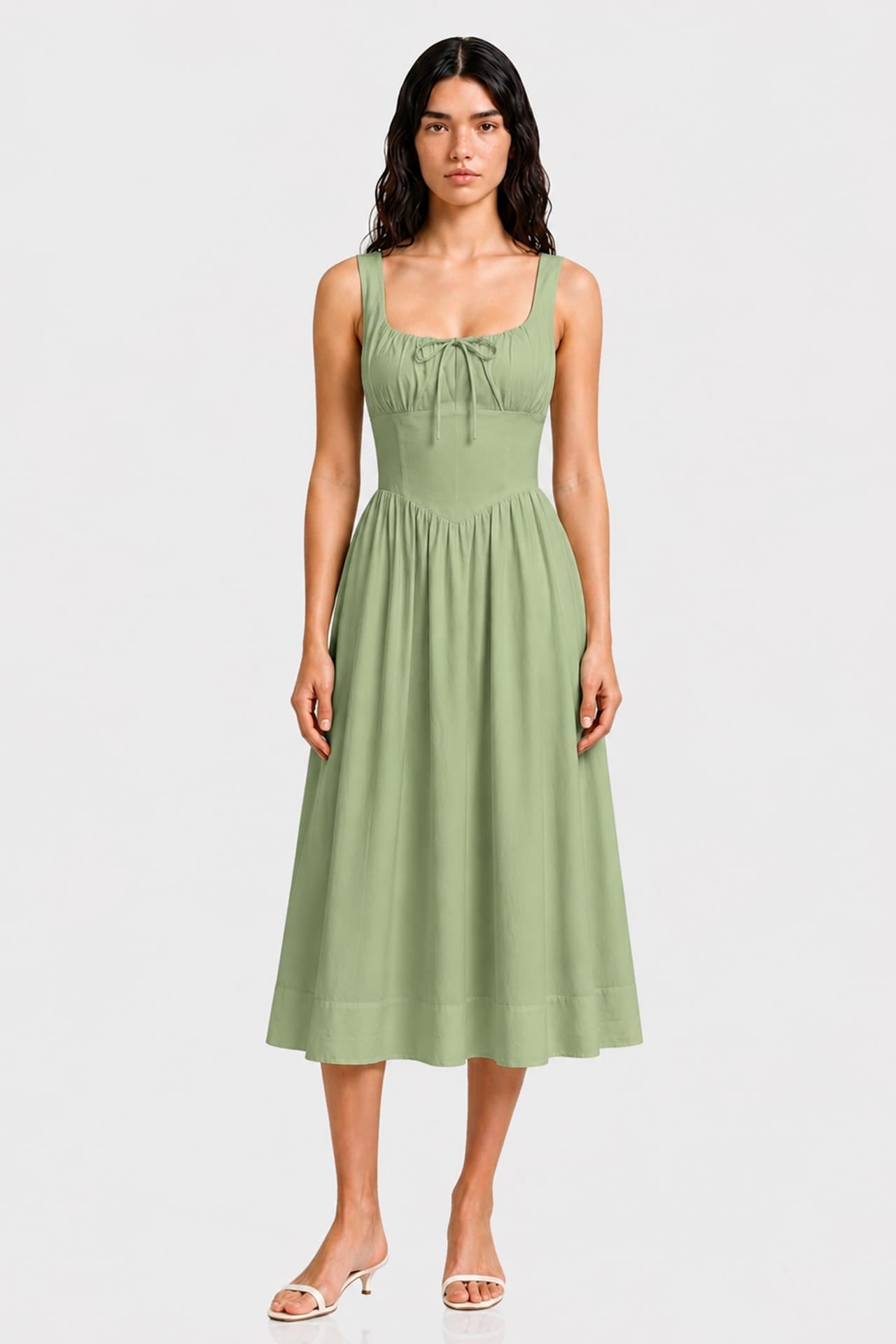 Contemporary Sage Linen Square Neck Midi Dress – Garden Party Dress for Women