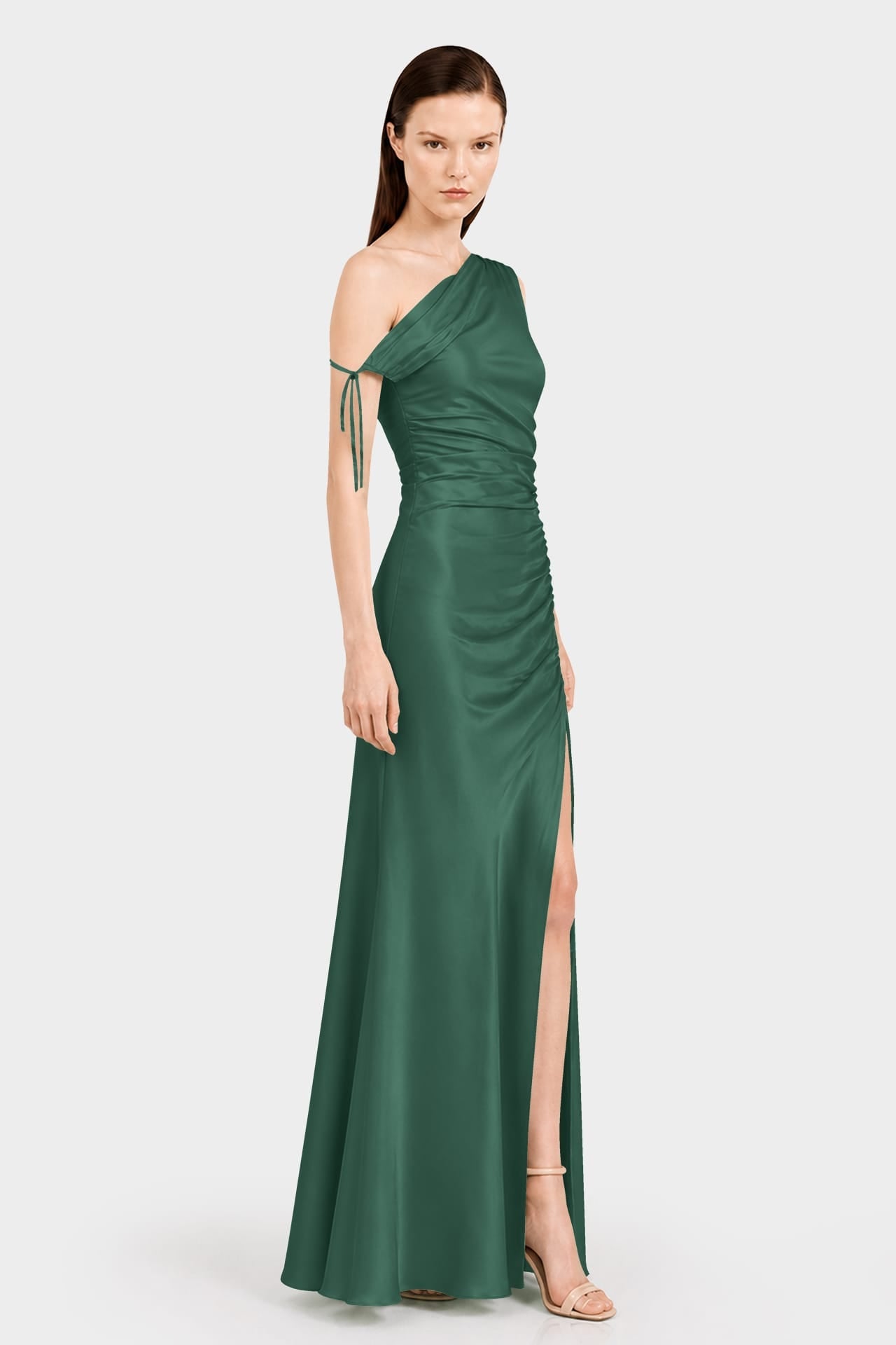 Designer Hunter Green Satin Gown for Weddings and Evening Events