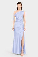 Luxury Icy Blue One Shoulder Gathered Stretch Satin Maxi Dress for Women