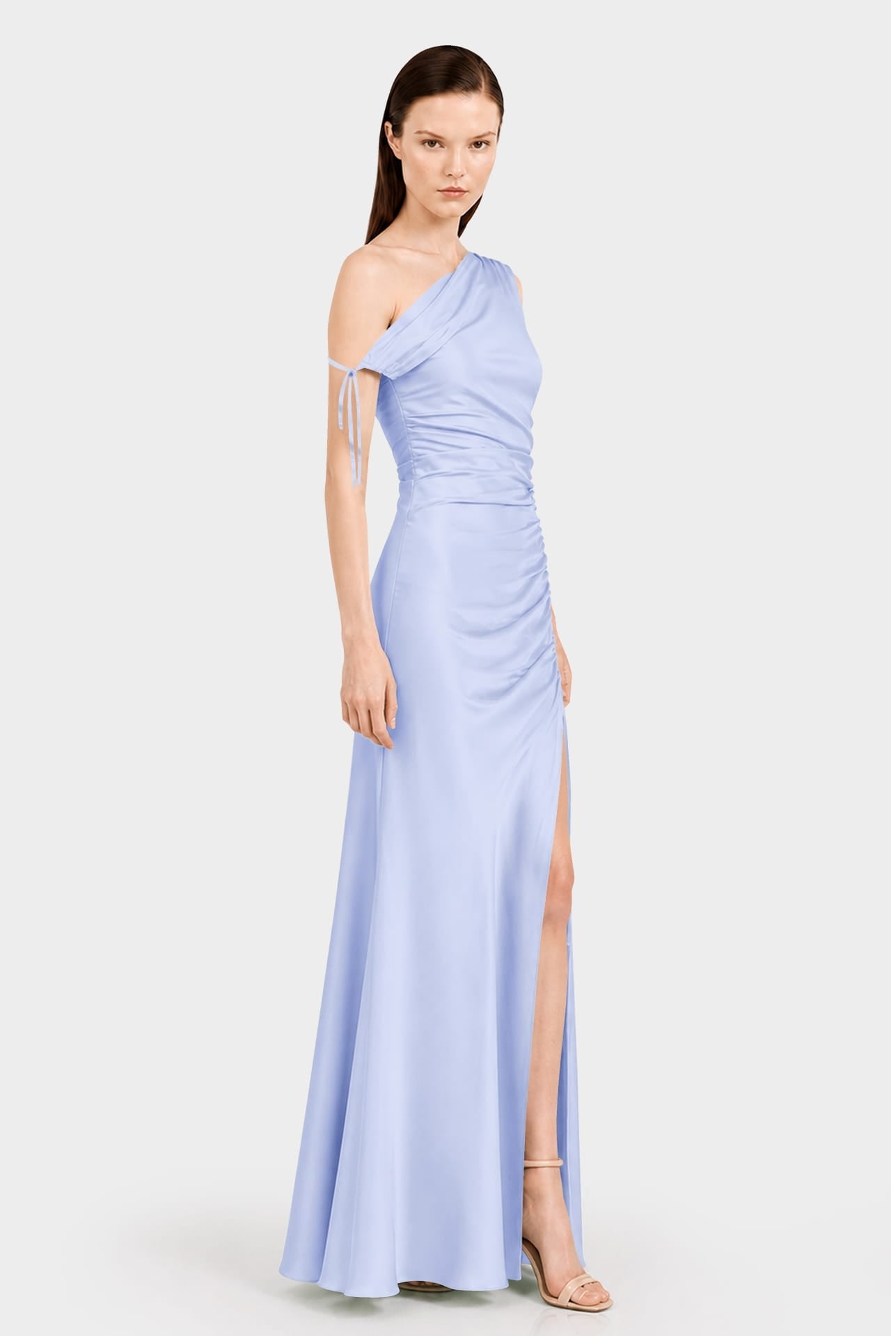 Luxury Icy Blue One Shoulder Gathered Stretch Satin Maxi Dress for Women
