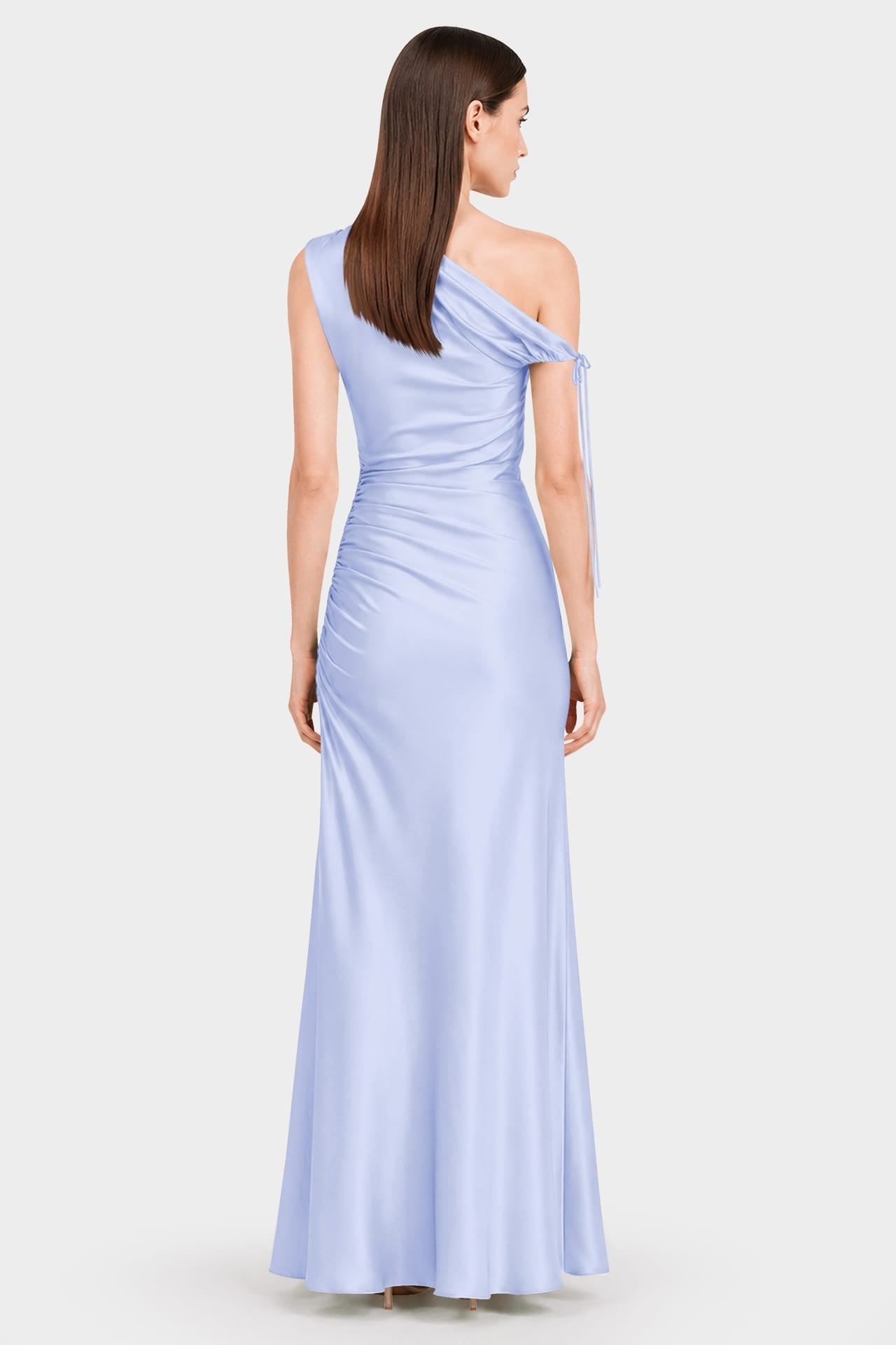 Luxury Icy Blue One Shoulder Gathered Stretch Satin Maxi Dress for Women