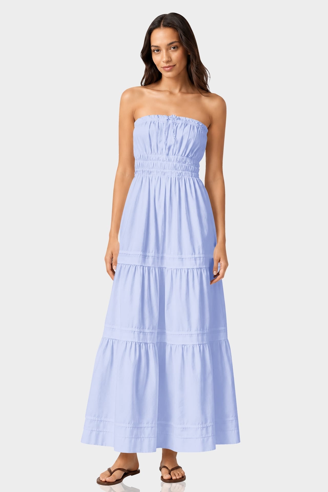 Icy Blue Tiered Cotton Sundress for Summer Getaways – Smocked Waist Cotton Maxi Dress