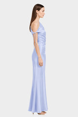Luxury Icy Blue One Shoulder Gathered Stretch Satin Maxi Dress for Women
