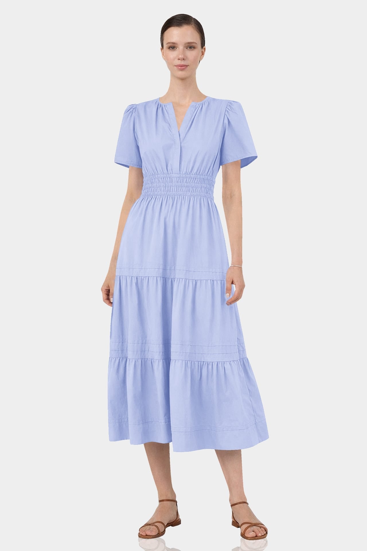 Icy Blue Vacation Tiered Midi Dress for Women – European Summer Dress