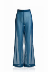 Deep Blue Sheer Mesh Wide Leg Pants for Women with High Waist