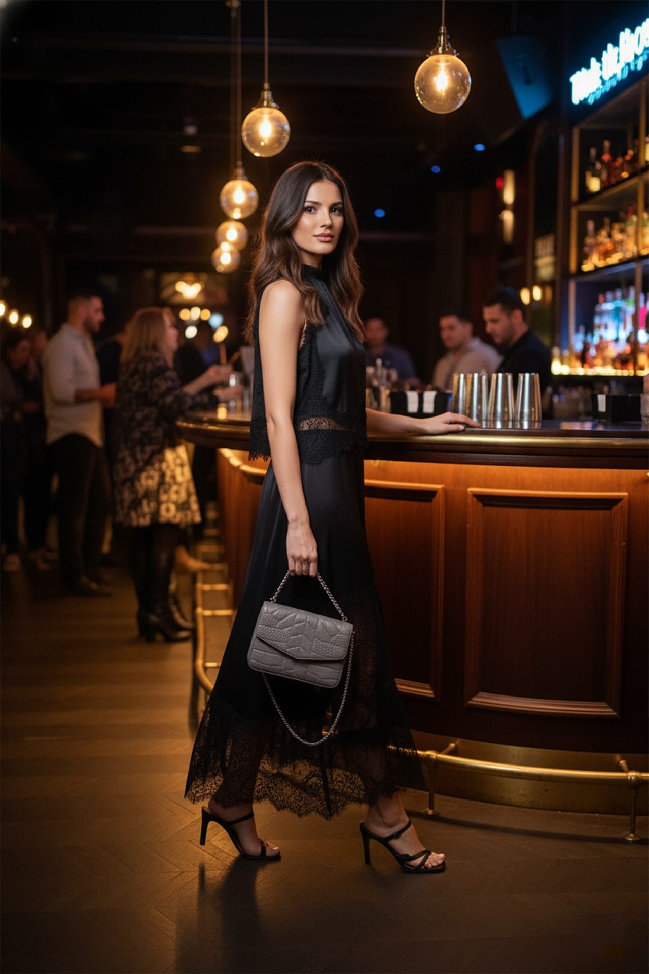 Classic Black Lace Trim Midi Dress