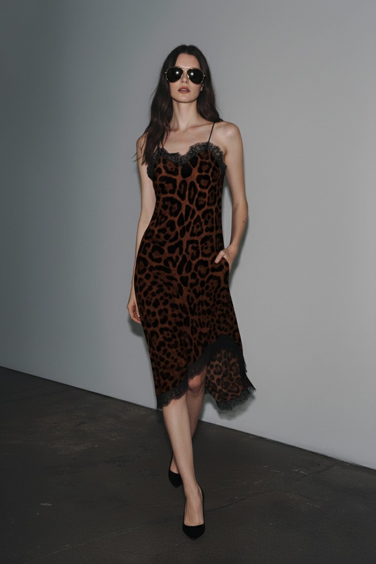 Brown Satin Lace Trim Midi Slip Dress for Glamorous Evenings